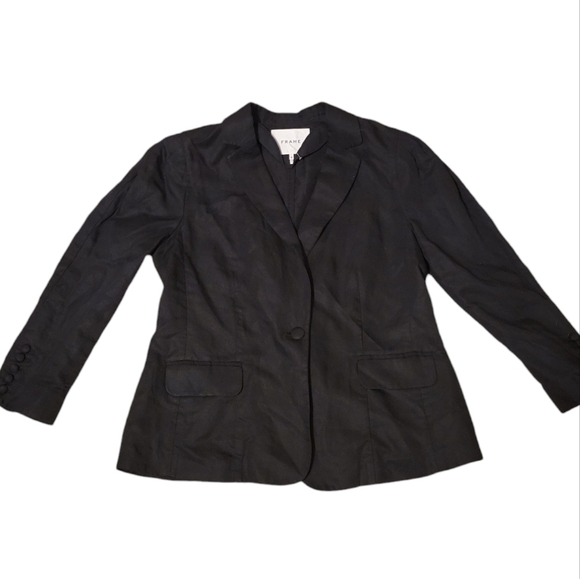 Frame One Button Pleated Linen and Lyocell Blend Blazer Women's Size 10 Black - Picture 3 of 9